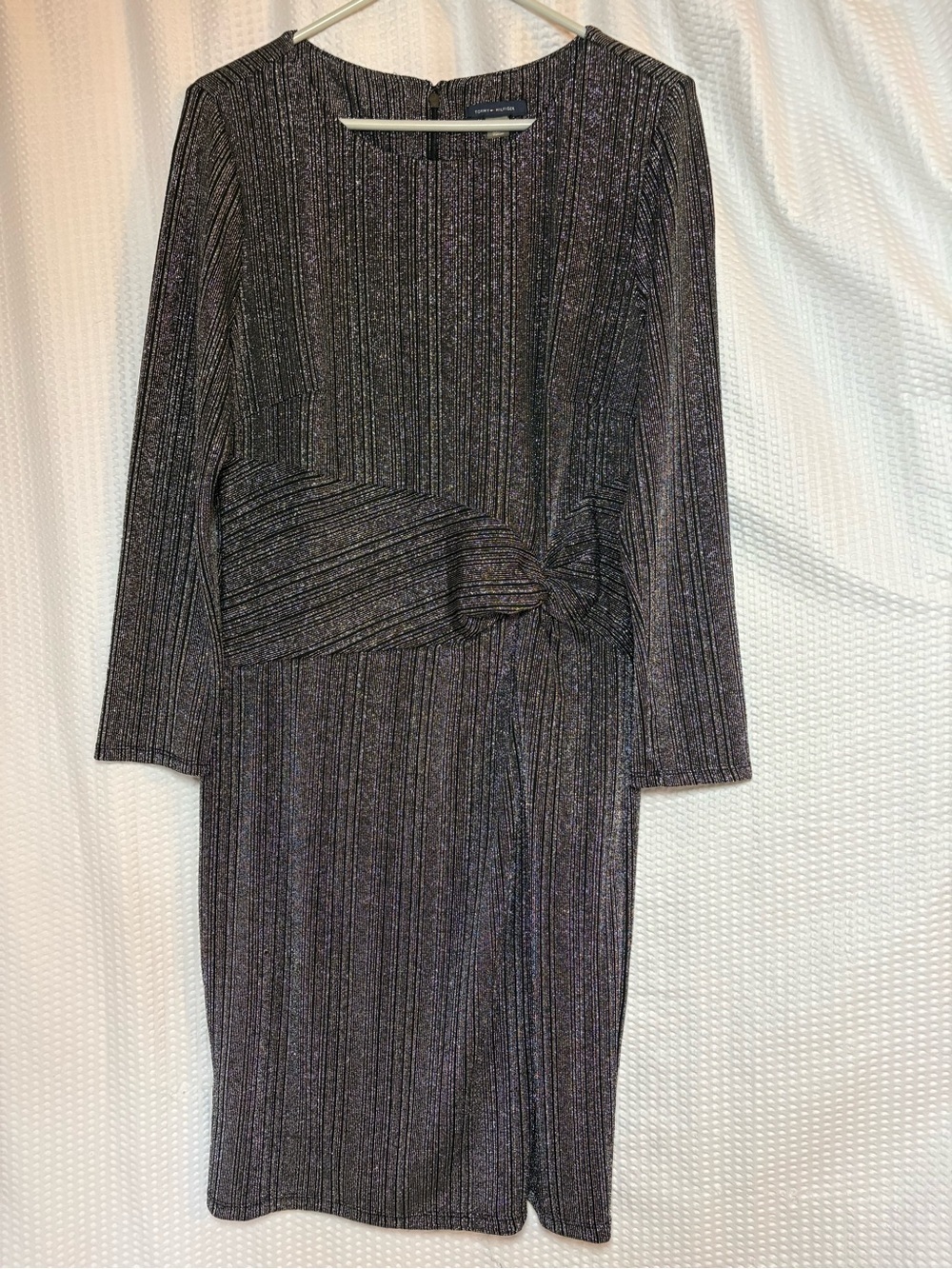 Tommy Hilfiger Silver & Black Glittery Long Sleeve Dress Runched Size 14